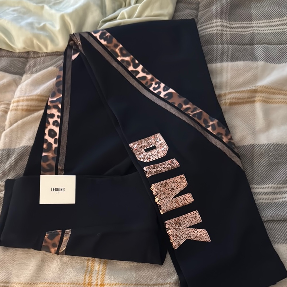 NWT Black Leggings and Pink Sequin Logo